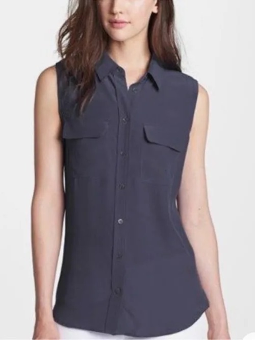 Equipment Silk Sleeveless Button-Up Top | Navy Blue | Size: S